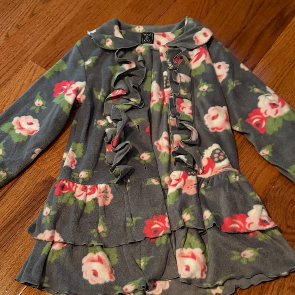 Mack & Co Ruffled Floral Fleece Jacket - Gray with Pink Roses
